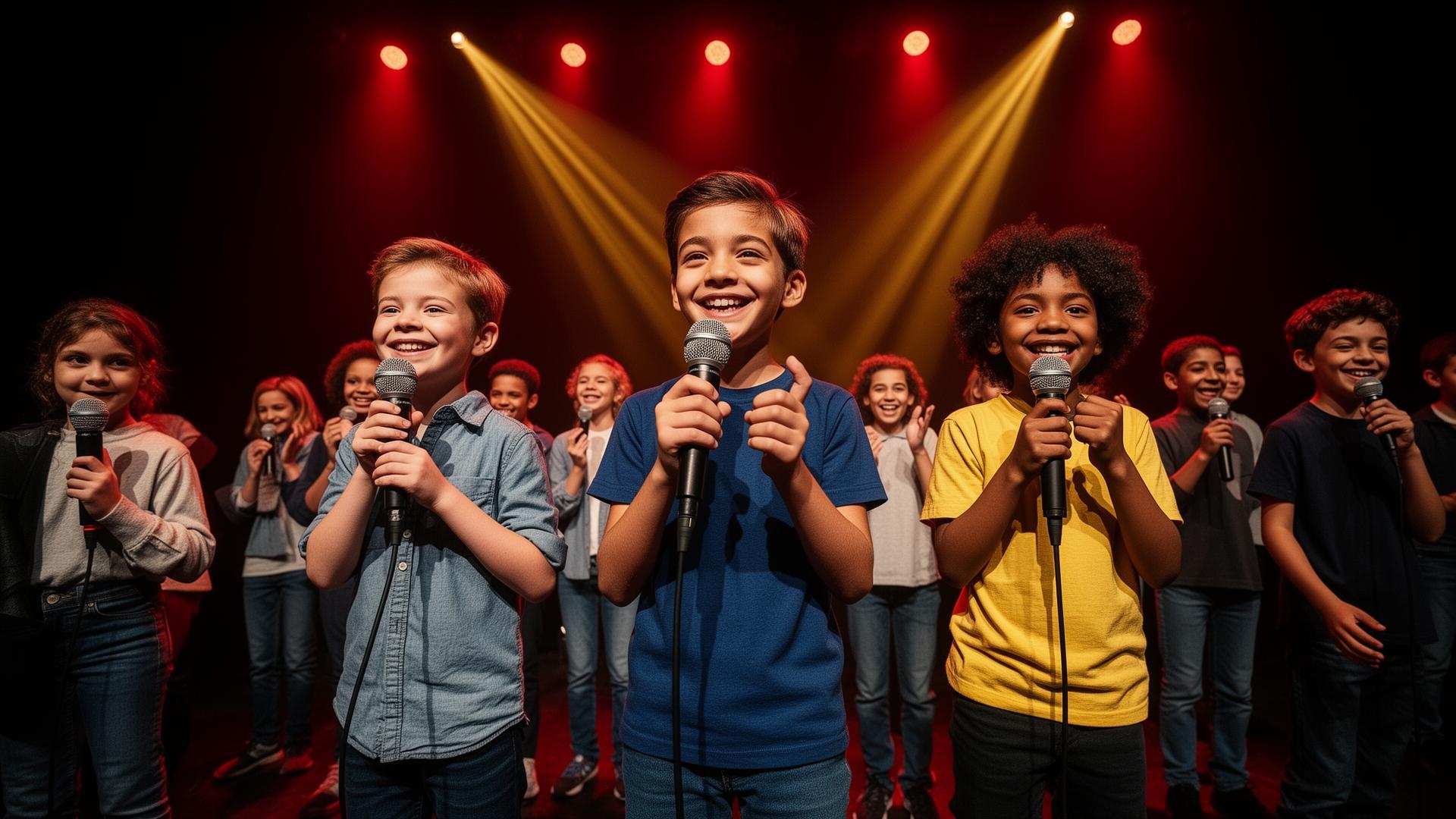 Confident kids holding microphones on a spotlit stage